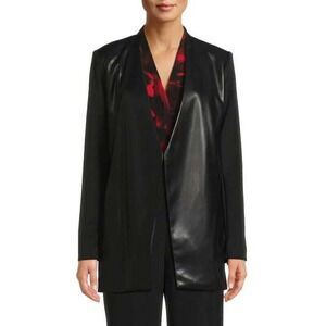 Calvin Klein Blazer Jacket Womens 6 Black Faux Leather Open Front Career NWT‎